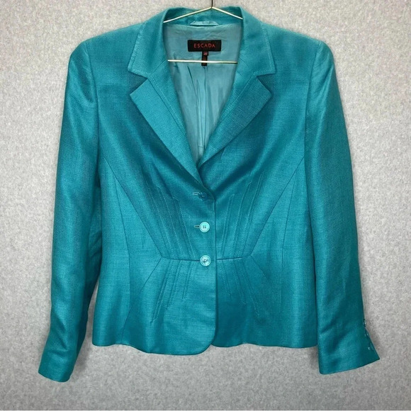 Escada Linen Blend Teal Shimmer Blazer Suit Jacket - Picture 1 of 6
